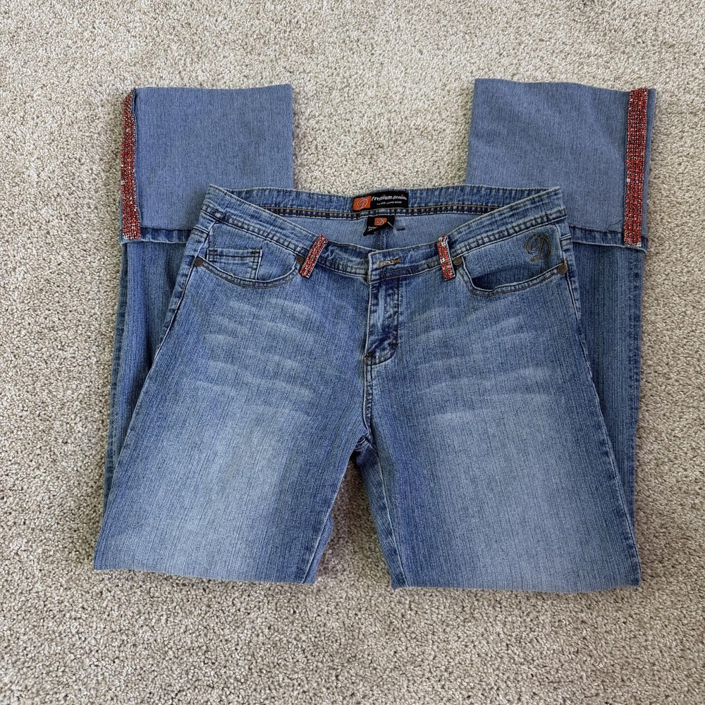 Y2K Premium Denim Straight Jeans Womens 13 Med Wash Rhinestone Stretch Denim